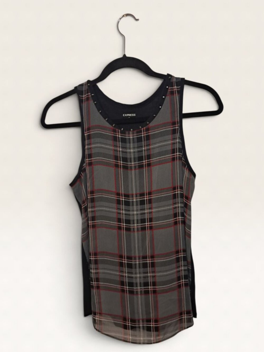 Express Plaid Studded Neck Tank Top Sheer Panel XS